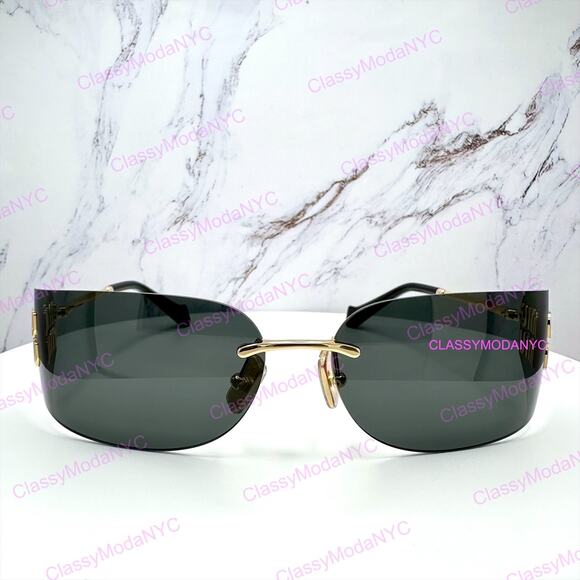 New MIU MIU Sunglasses Gold Dark Gray Lens Runway Wrap Rimless Authentic Miu Miu